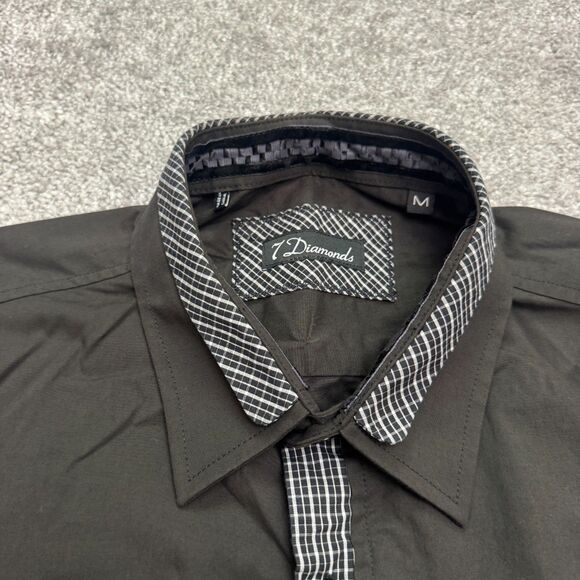 7 Diamonds Button Down Shirt Men Medium Black Long Sleeve Plaid Flip Cuff Casual - Picture 5 of 16
